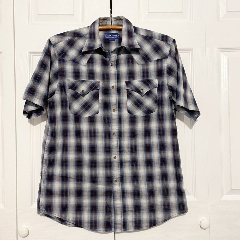 Pendleton Short Sleeve Pearl Snap Shirt Mens Medium Blue Plaid Western Rodeo